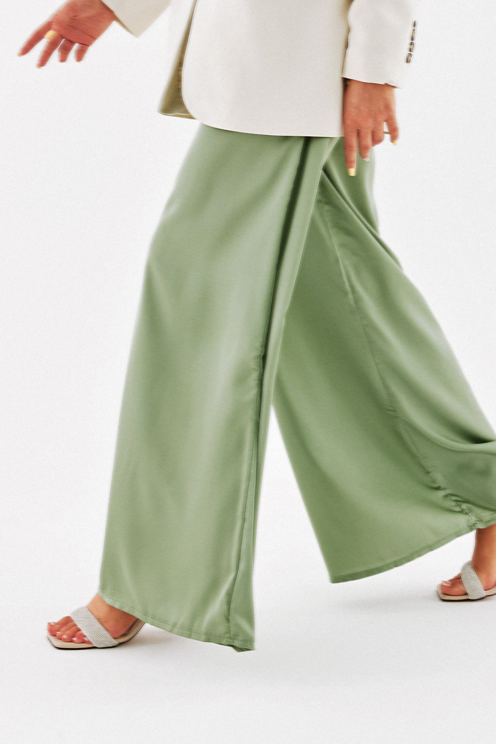 Beli Lastikli Saten Dokulu Salaş Yeşil saten Kadın Denim / Pantolon
