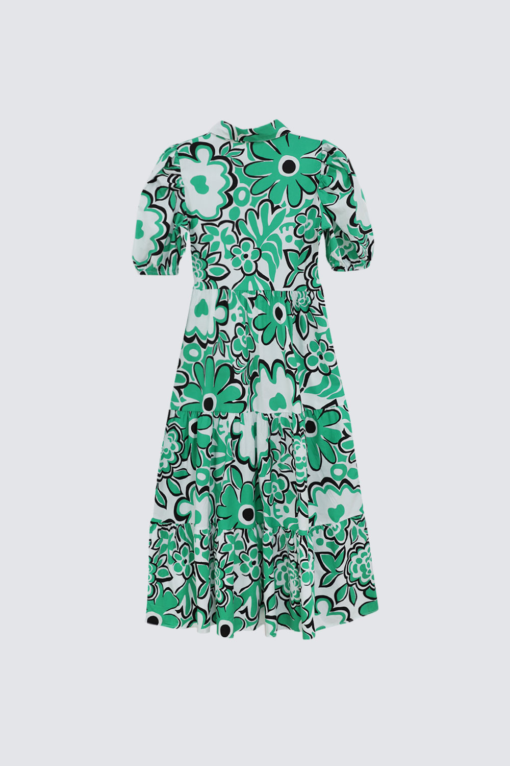 Büyük Çiçekli Kolu Lastikli Yeşil Kadın Elbise