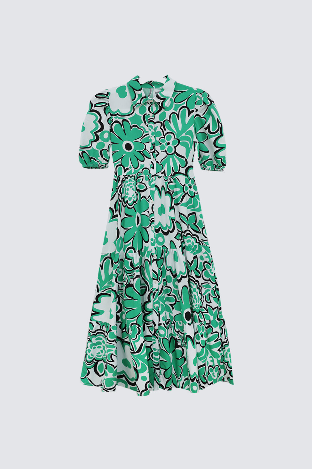 Büyük Çiçekli Kolu Lastikli Yeşil Kadın Elbise