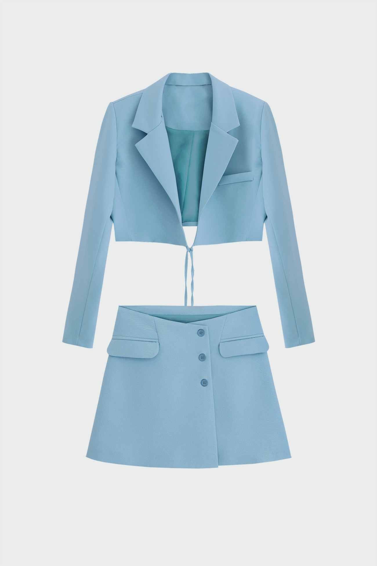 Cep Detaylı Crop Ceket Etek Açık Mavi Kadın Takım