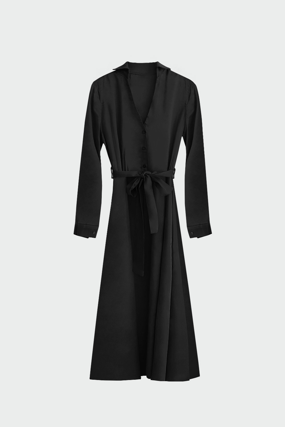 V Yaka Belden Bağlamalı Uzun Gömlek Siyah Kadın Elbise