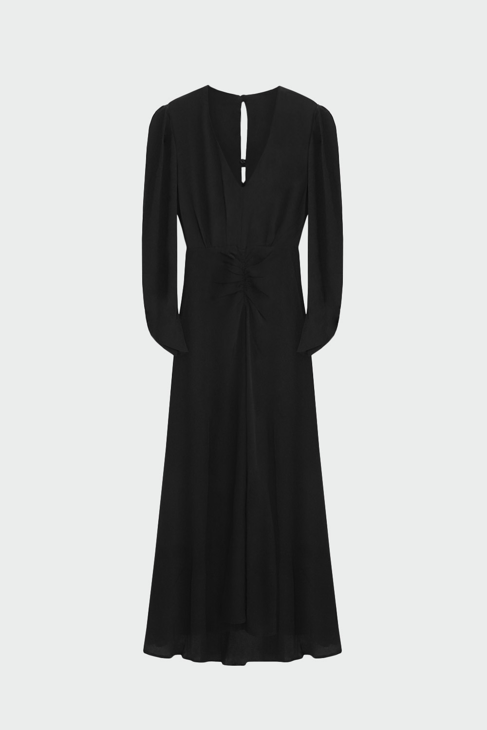 V Yaka Büzgü Detaylı Uzun Siyah Kadın Elbise