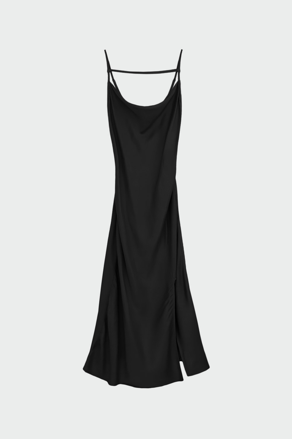 Kayık Yaka Saten Askılı Siyah Kadın Elbise