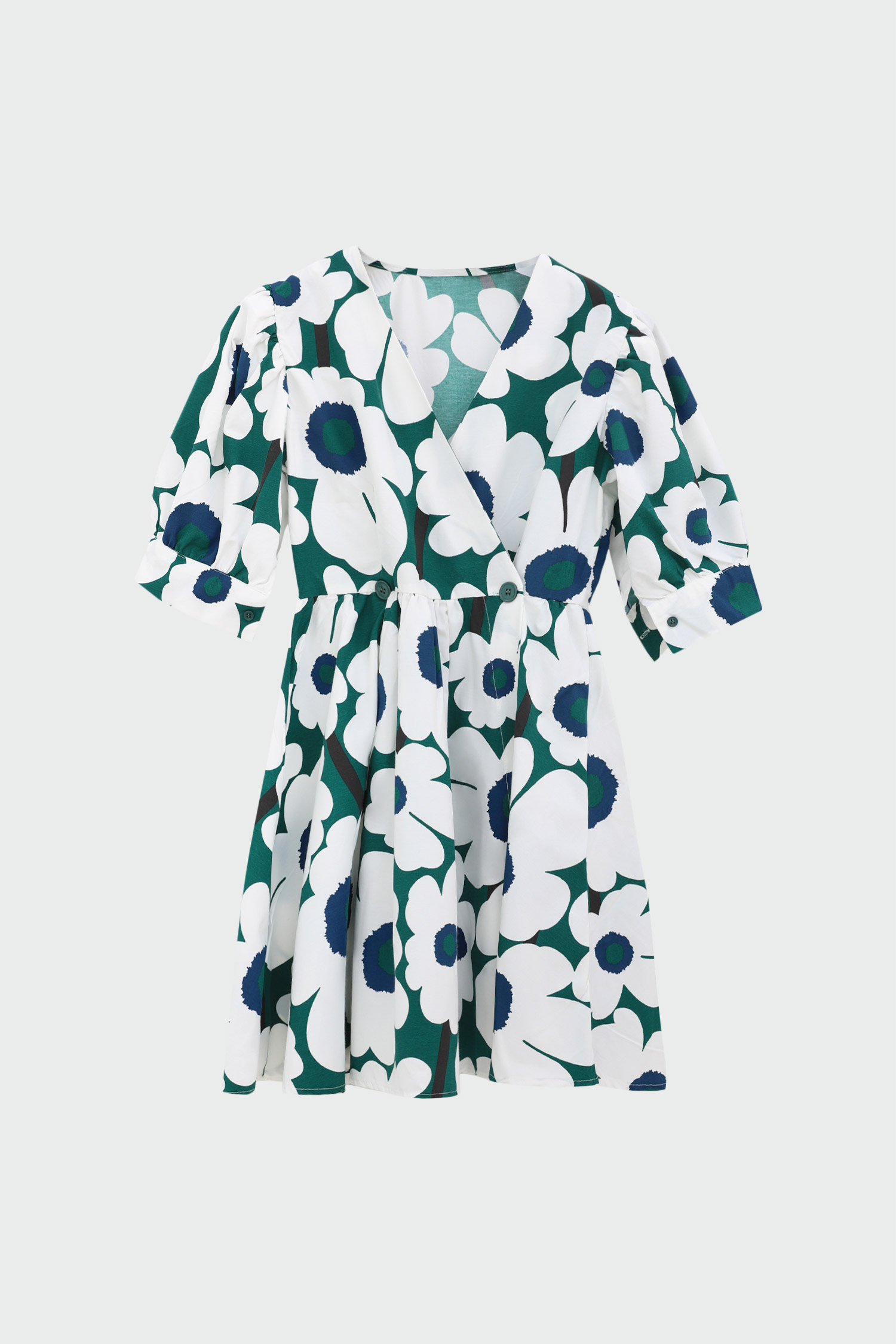 Kruvaze Yaka Düğme Detaylı Renkli Floral Desenli Kadın Elbise