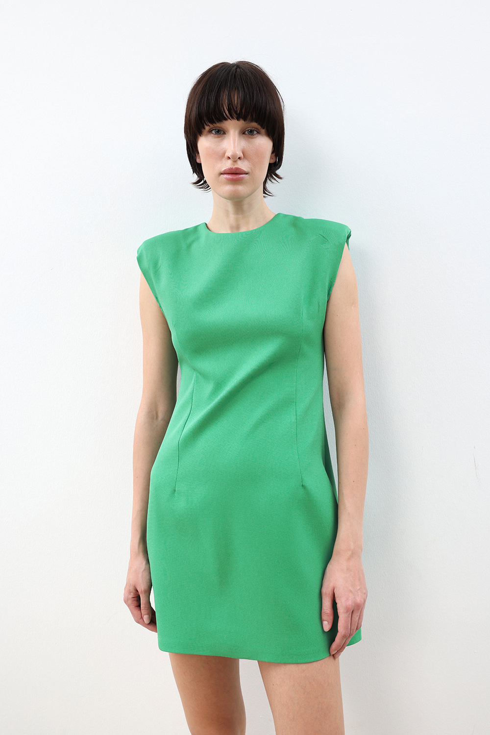 Vatkalı Kolsuz Mini Yeşil Kadın Elbise
