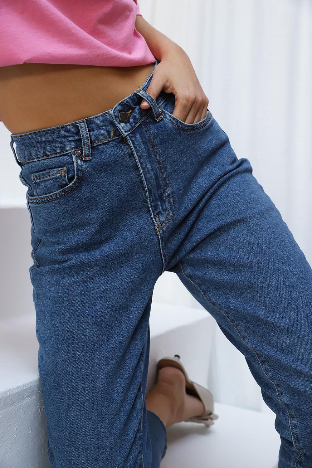 Paçası Lazer Kesim Yüksek Bel Jean Mavi Kadın Denim / Pantolon