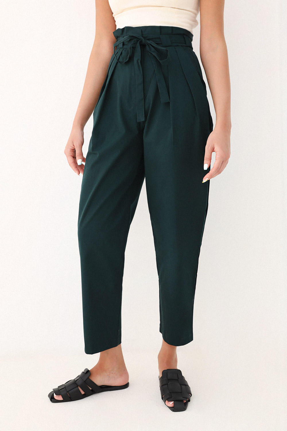 Beli Fırfır Detaylı Kemerli Petrol Yeşil Kadın Denim / Pantolon