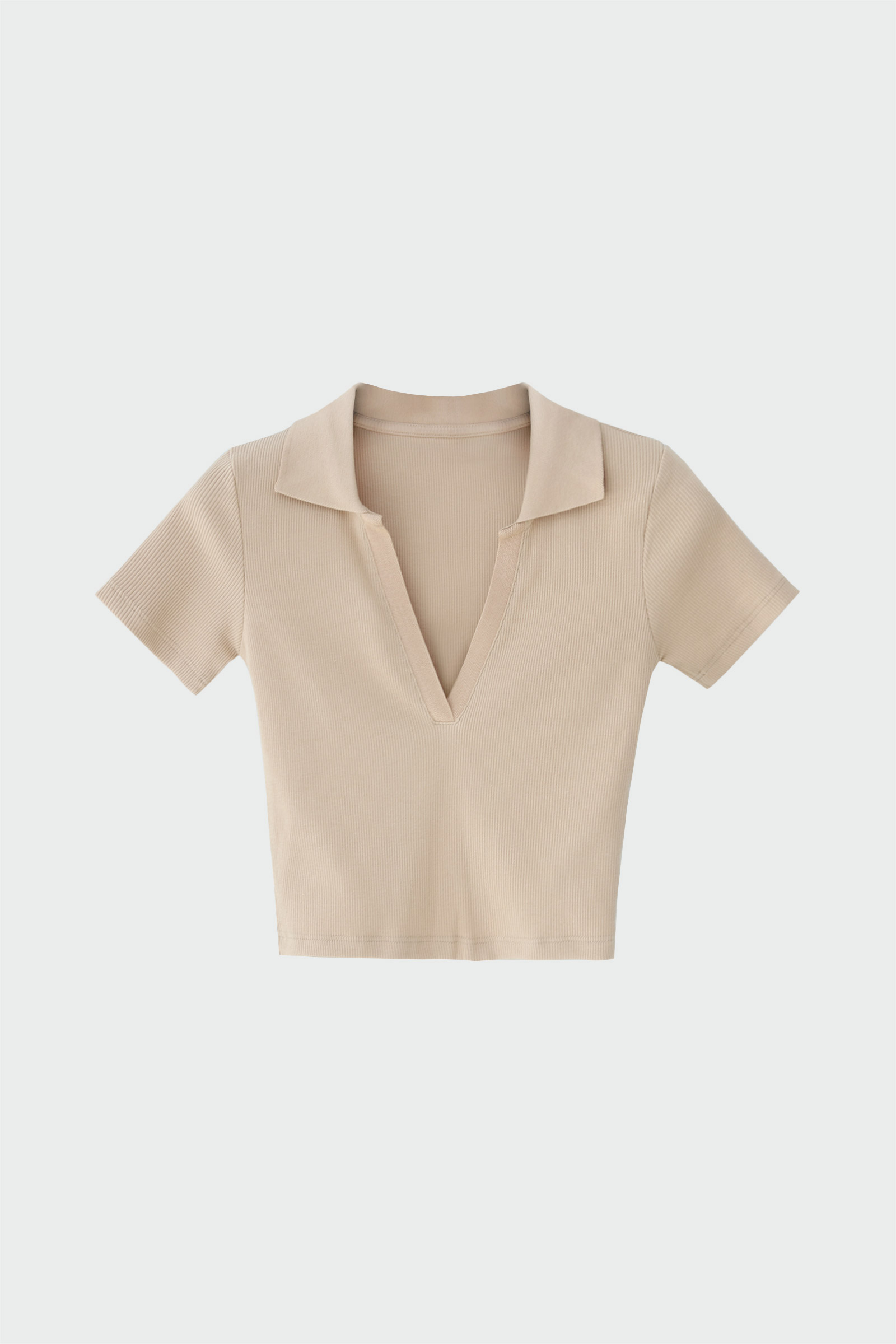 Polo Yaka Fitilli Crop Bej Kadın Basic Tişört