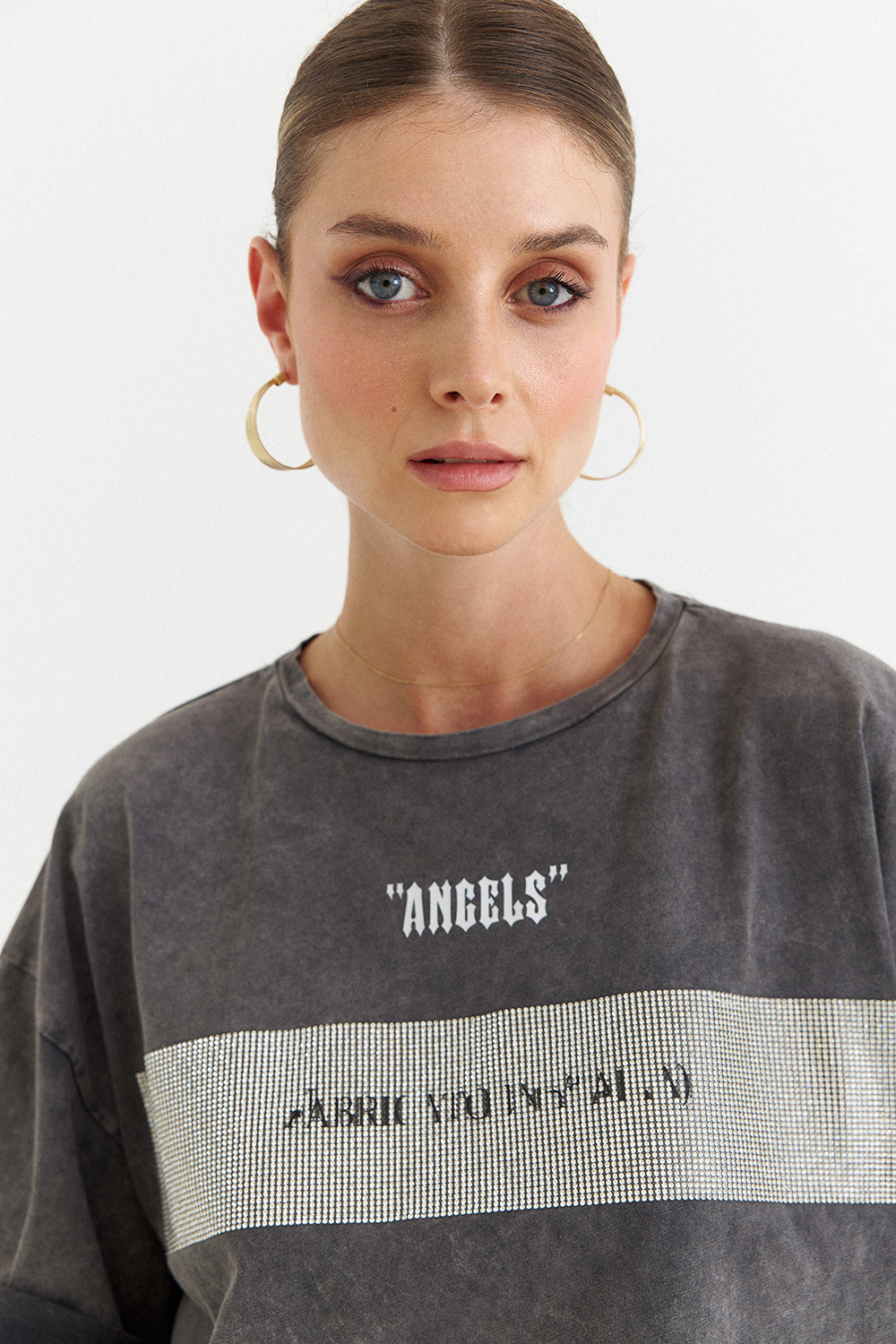 Yıkamalı Angels Crop Füme Kadın T-Shirt